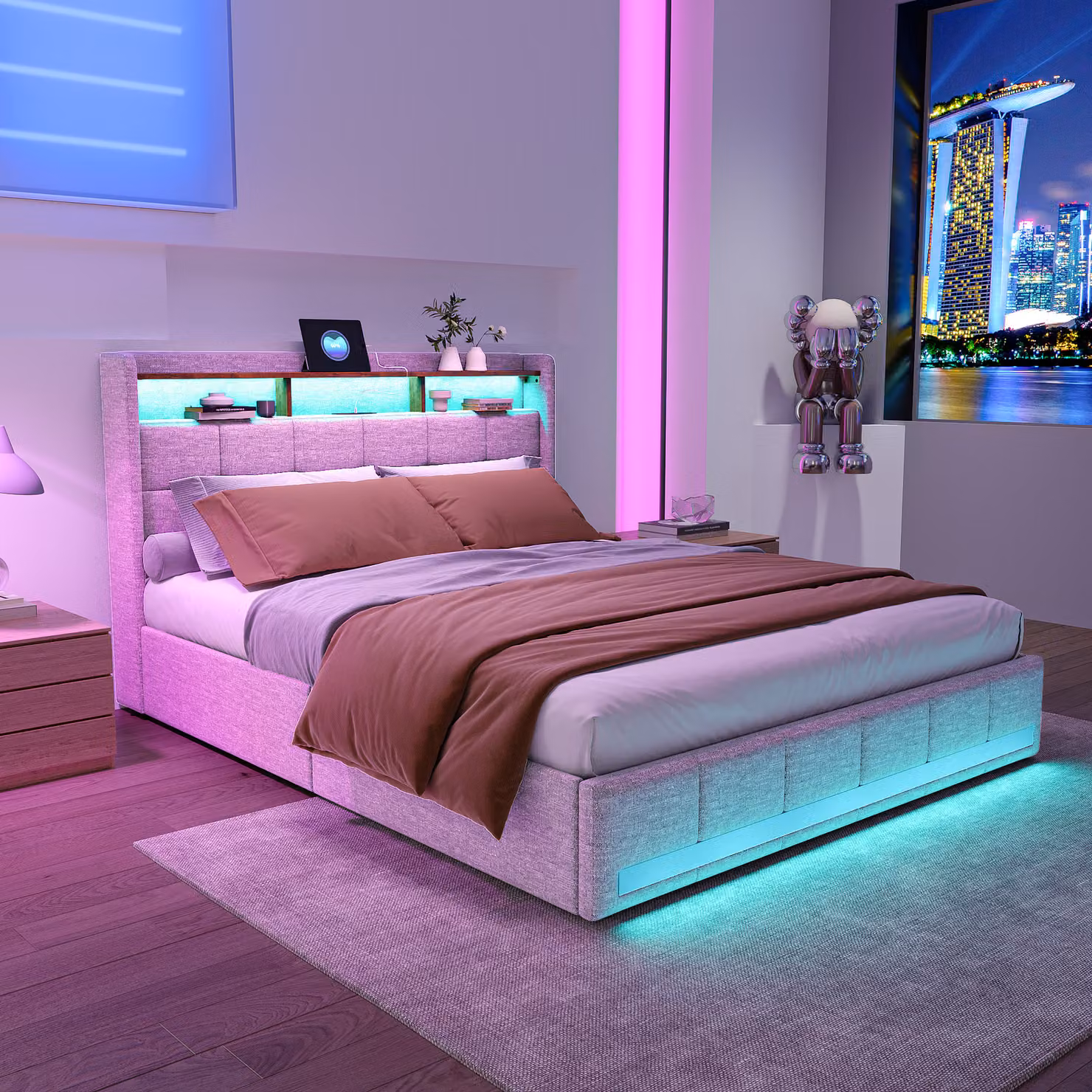 Letto ProximaX 140x200 cm, beige, con illuminazione a LED, porte USB e Type-C – moderno letto imbottito con vano contenitore nella testiera e 4 cassetti