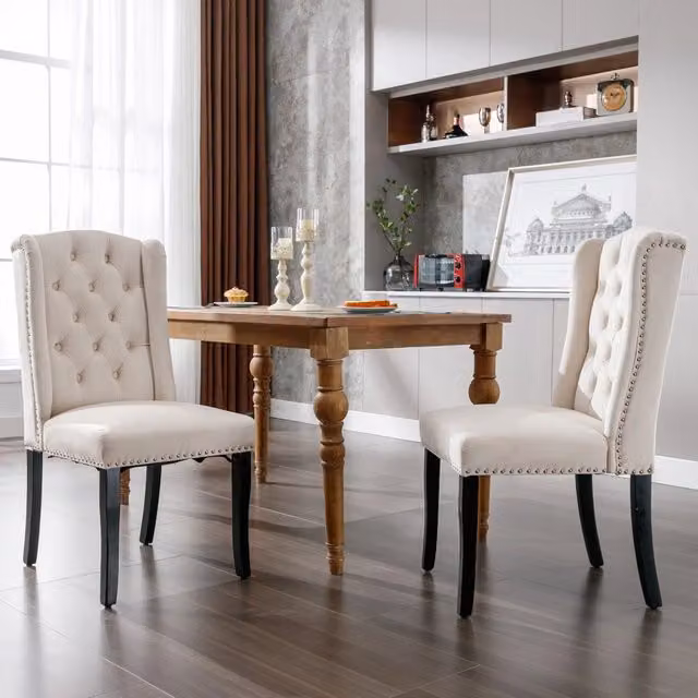 Set di 2 sedie da pranzo Zephmum in velluto beige con gambe in quercia e dettagli in metallo