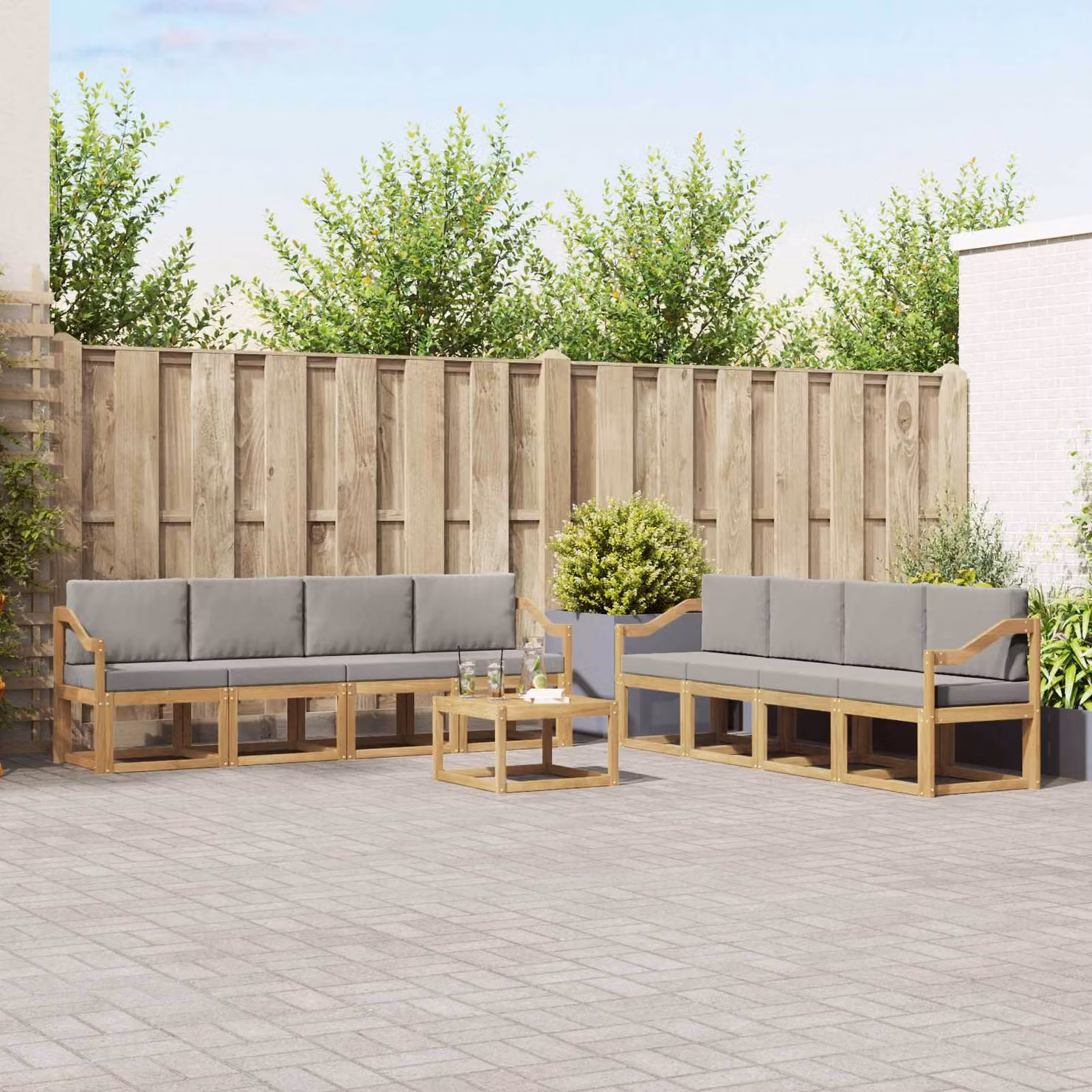 Set di divani da esterno vidaXL a forma di U composto da 9 pezzi in legno di acacia con cuscini in poliestere bianco e grigio