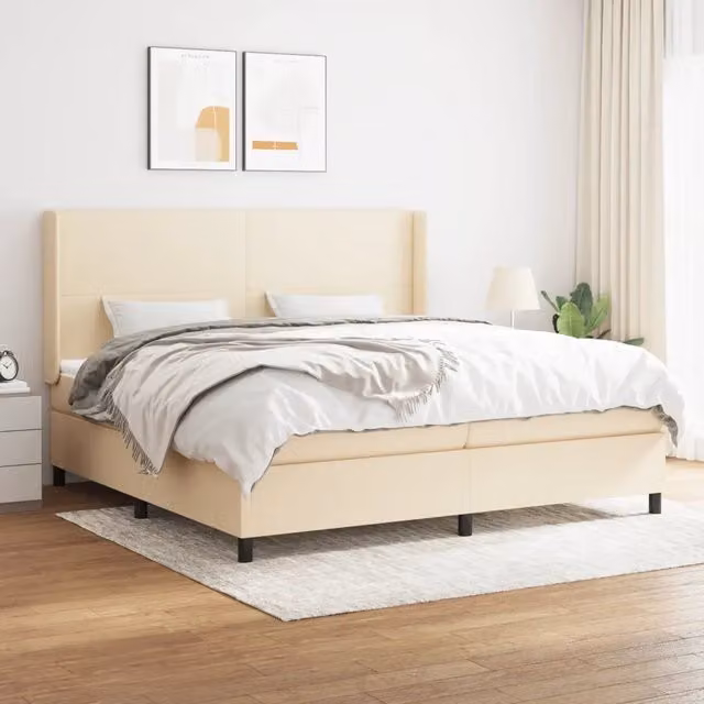 Letto Ibrido vidaXL con Giroletto a Molle e Materasso in Tessuto Beige e Bianco L/P/H: 203 x 203 x 128 cm