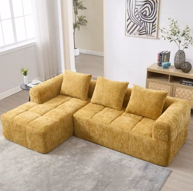 Divano angolare 3 posti 250x158 cm con chaise longue in ciniglia gialla HOMVRA