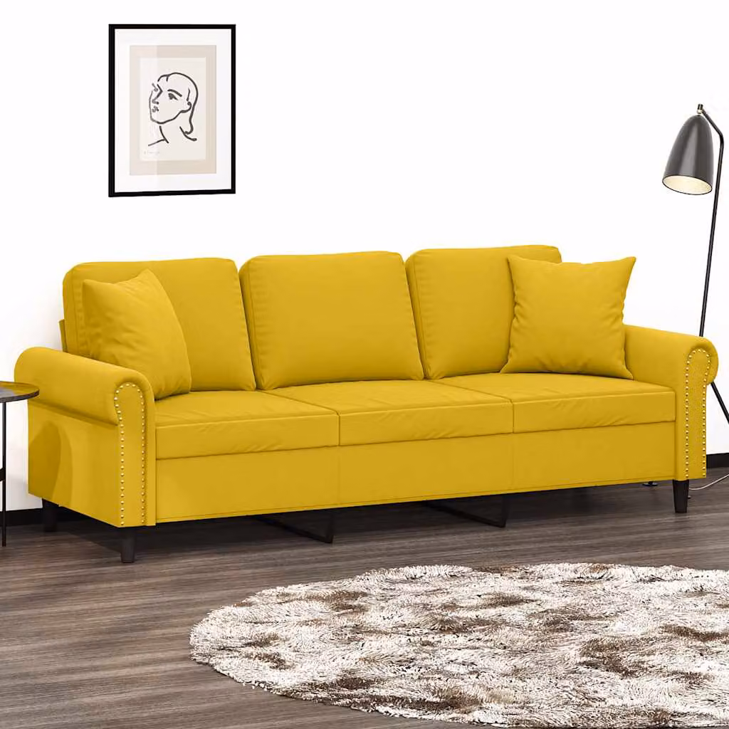 vidaXL Divano a 3 Posti Moderno in Velluto Giallo con Cuscini e Struttura in Metallo