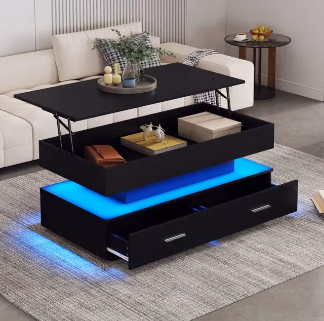 Tavolino da salotto nero idraulico con LED Bluetooth, 2 cassetti, 100x50x44 cm