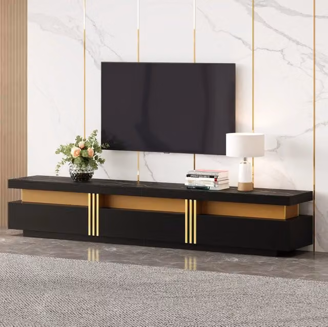 Mobile TV ULEVR 200x40x42 cm con 3 cassetti e passacavi, portata 30 kg, nero effetto marmo