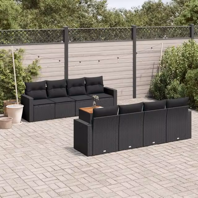 Set Divani da Giardino 9 pz con Cuscini Nero in Polyrattan 3256370
