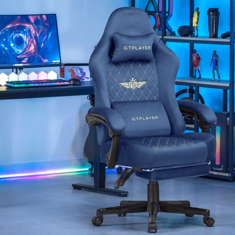 Sedia da gaming in tessuto - Sedia da ufficio GT830 - Ergonomica - Regolabile in altezza - Girevole a 360° - Con braccioli - Rotelle - Blu