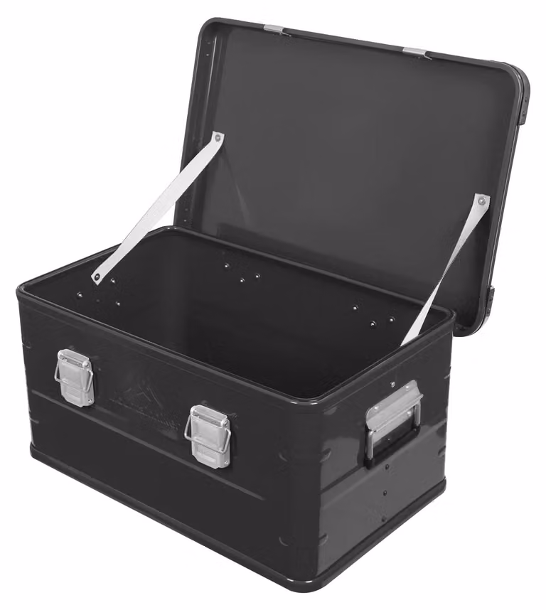 Contenitore di stoccaggio, capacità 50 litri, materiale: lega di alluminio, dimensioni 57,5 x 37,5 x 27,3 cm, capacità di carico 20 kg, peso 5,5 kg