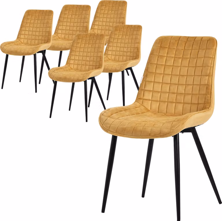 Set di 6 sedie da pranzo ML-Design, giallo senape, seduta in velluto con gambe in metallo nero, sedie da cucina con schienale