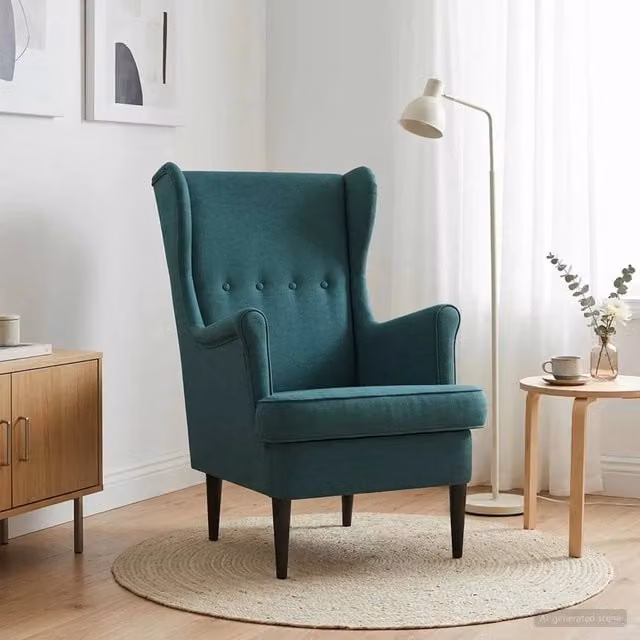 Poltrona Lounge Mid-Century in Tessuto Verde con Braccioli e Struttura in Legno e Metallo – 1