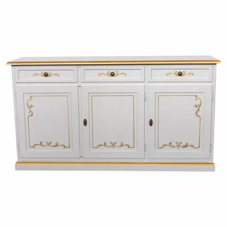 Credenza shabby chic in legno con 3 porte e decori floreali oro e avorio Mobili 2G L: 156 cm, P: 42 cm, H: 86 cm