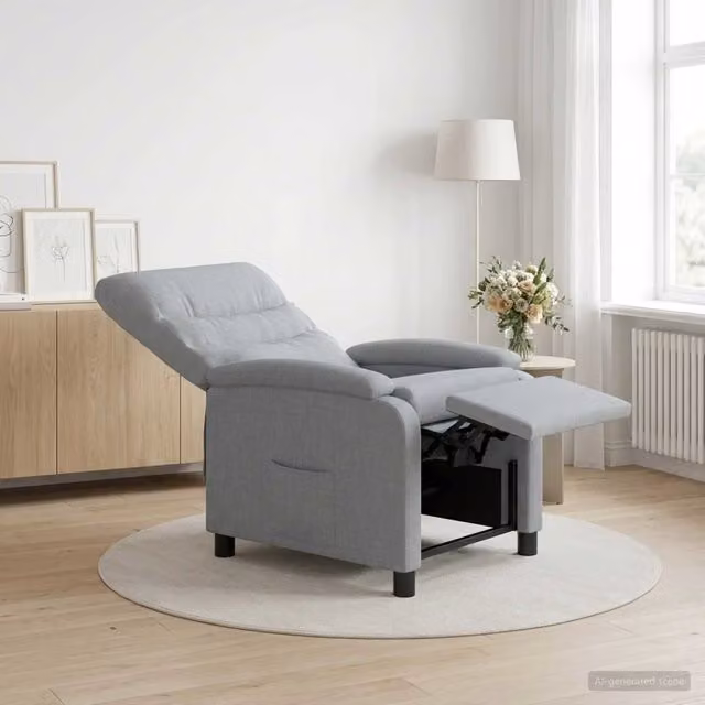 Poltrona reclinabile moderna in tessuto grigio con braccioli per relax in soggiorno o ufficio