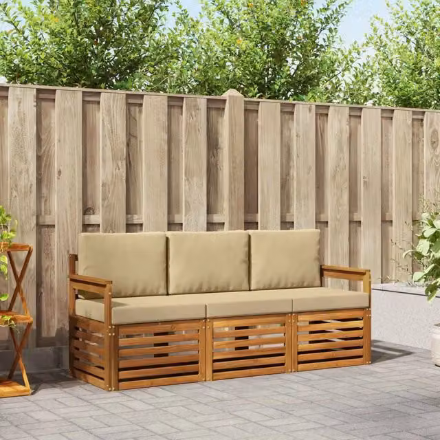 Set divani 3 pz Naturale e Beige Legno di Acacia Massello 3374278