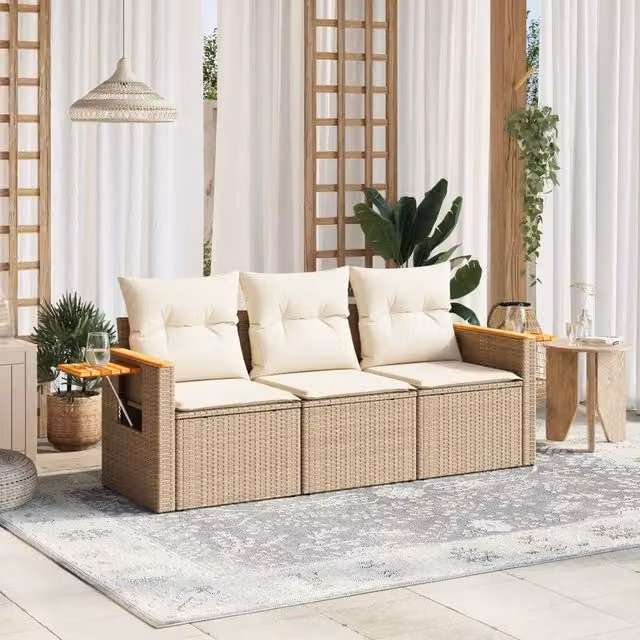 Set Divano da Giardino 3 pz con Cuscini-Sofa da Giardino-Divanetto da esterno Beige in Polyrattan 775635