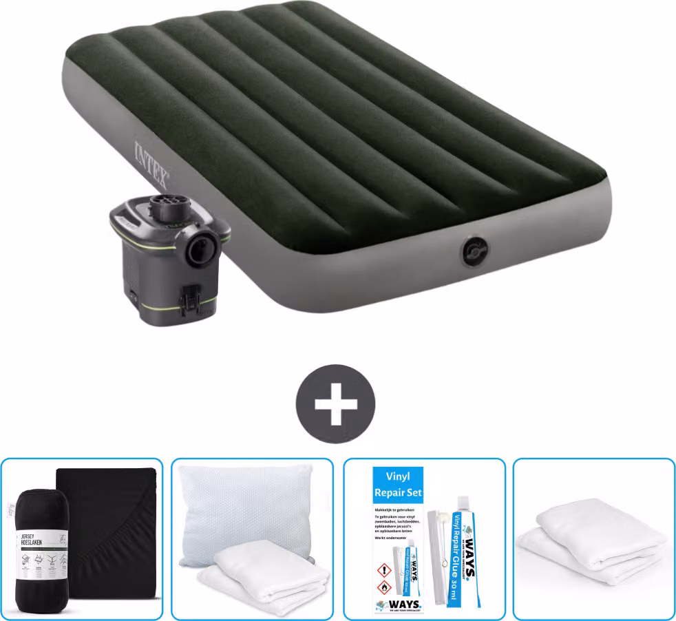 Letto ad aria Intex - 1 persona - 99 x 191 x 25 cm - Verde - Incluso pompa - Lenzuolo di ricambio - Bacio - Kit di riparazione en Protezione cuscino