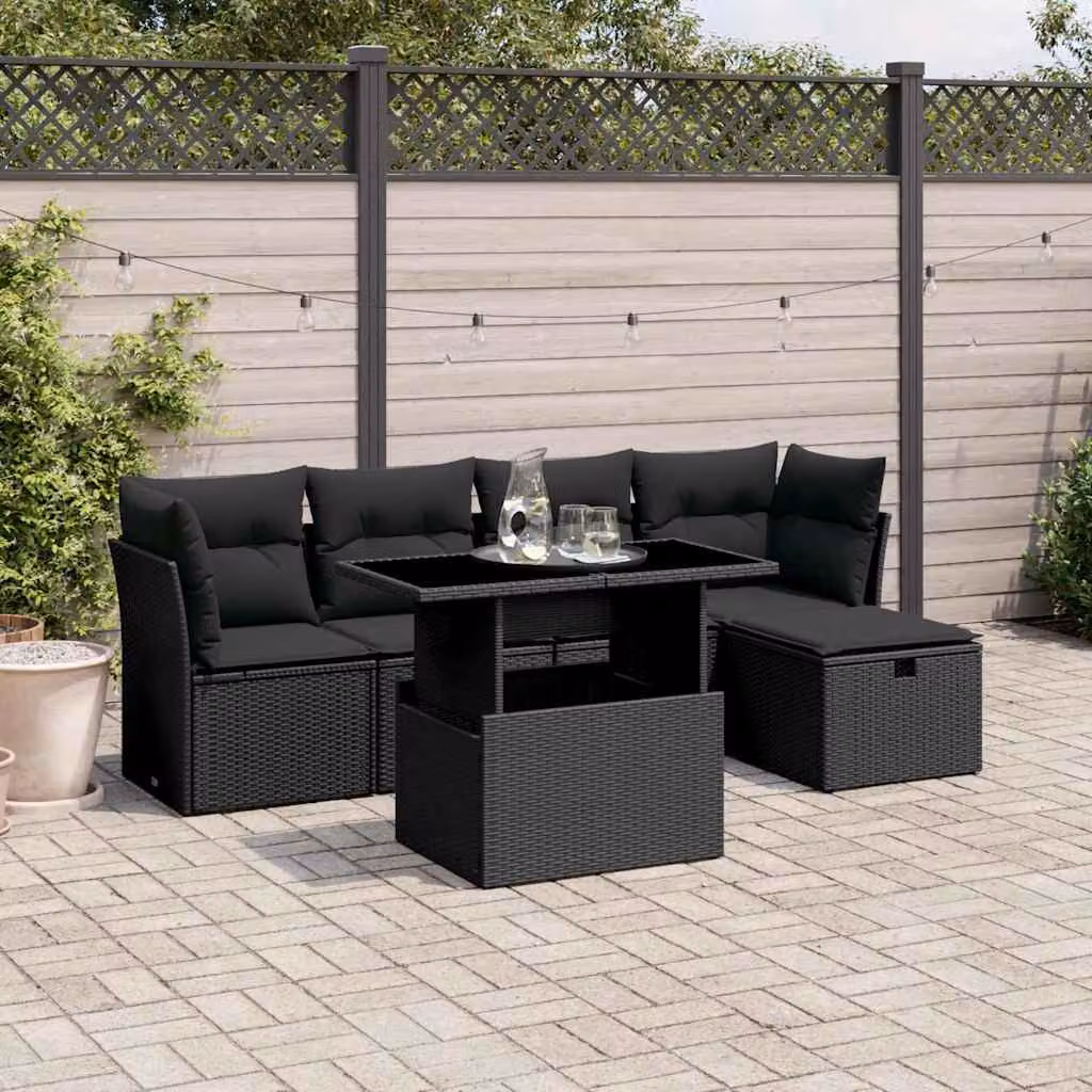 vidaXL Set Divano da Giardino 6 pz in Polyrattan Nero con Cuscini e Tavolino da Esterno – 1