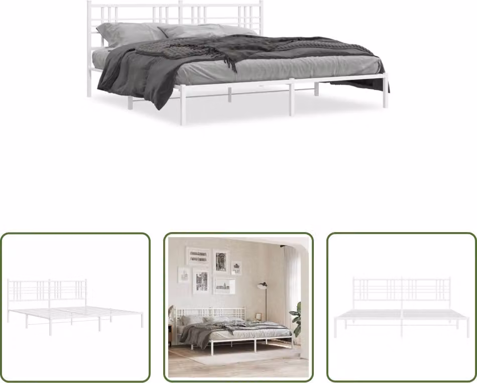The Living Store Struttura letto con testiera in metallo bianco 200x200 cm