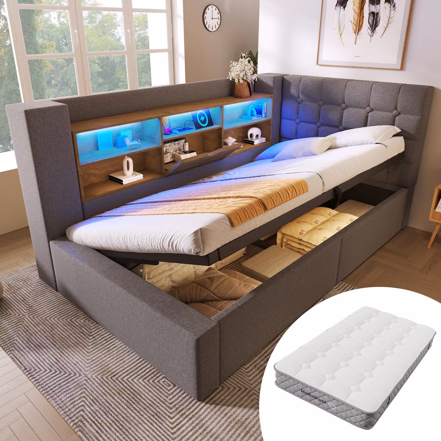 MODFU Divano letto 90x200 per giovani con strisce luminose a LED integrate, con collegamenti per cassetti, struttura del letto con testiera a L con spazio di archiviazione, con materasso, grigio