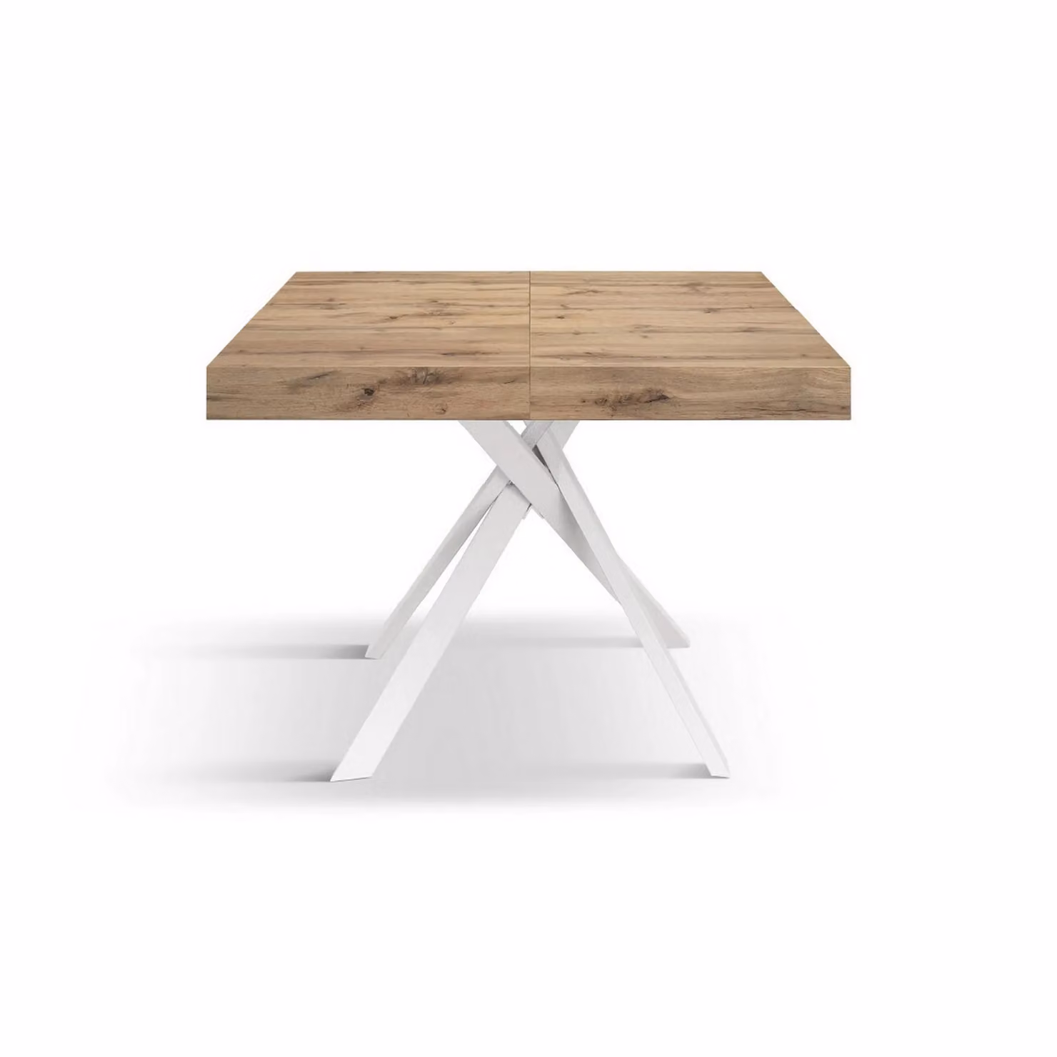 Tavolo FORTE DEI MARMI in legno, finitura rovere rustico e gambe incrociate in metallo bianco, allungabile 95×90 cm – 145 x 90 cm