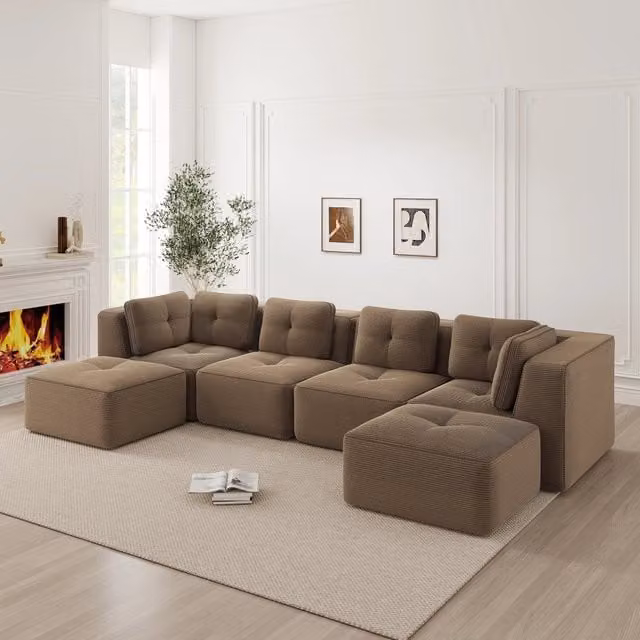 Divano letto angolare modulare a U MINIMAL marrone con dormeuse estraibile in tessuto