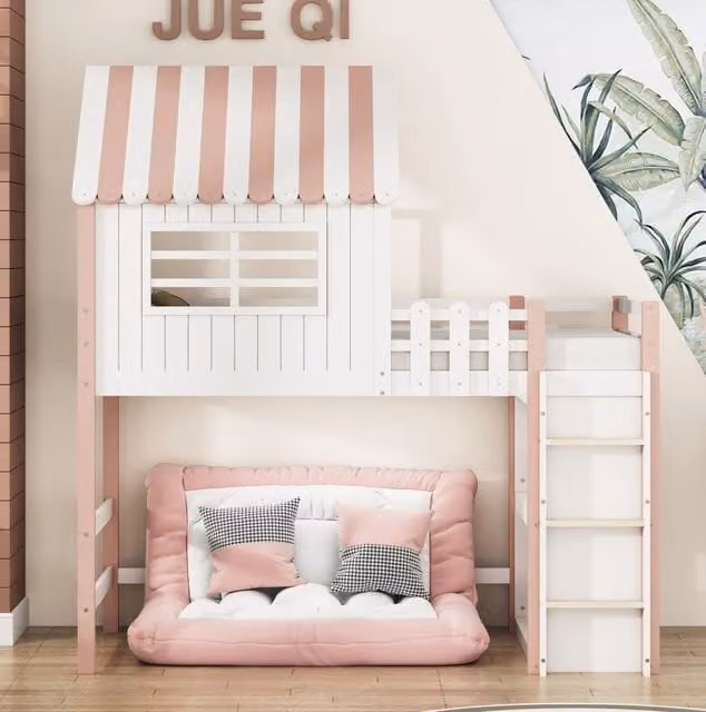 Letto per bambini a forma di casa 90x200 cm in legno massello rosa con scala e sponda di sicurezza