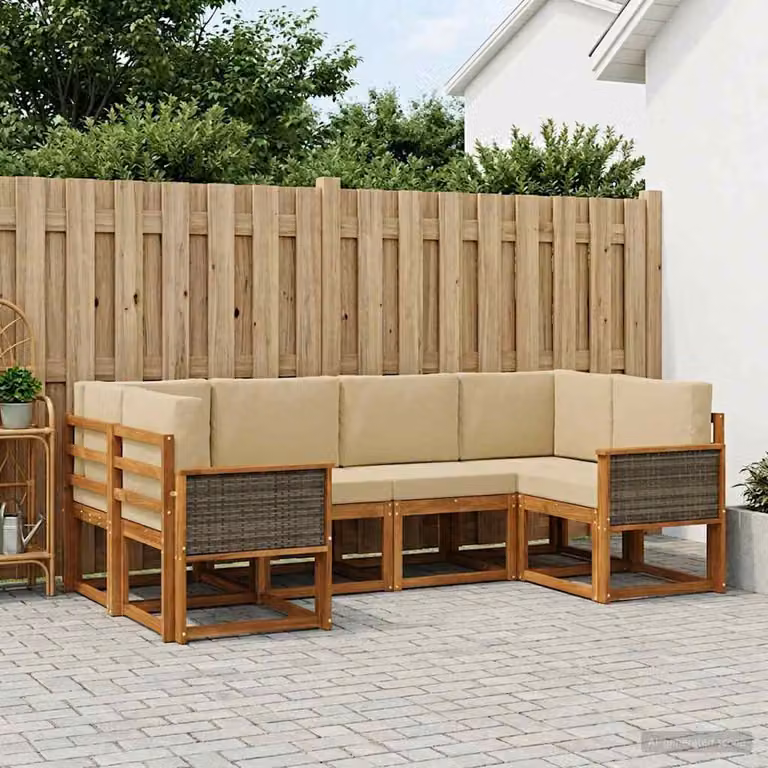 vidaXL Set di divani da esterno a L in legno di acacia con cuscini, 6 pezzi, Beige e Marrone
