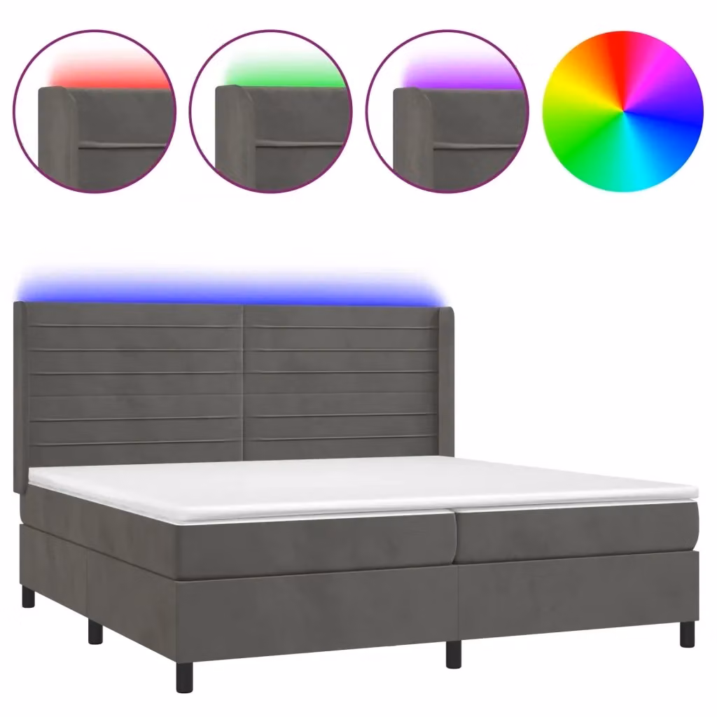 vidaXL Letto Ibrido con Materasso e Illuminazione LED, Struttura in Velluto Grigio e Legno di Larice, L/P: 200 x 200 cm – 2