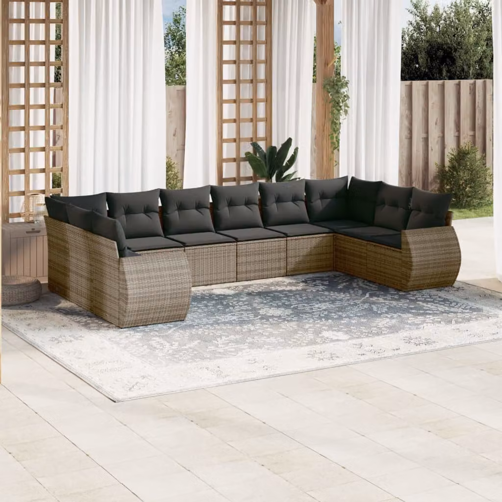 vidaXL Set Divano da Giardino 10 pz a Forma di L in Polyrattan Grigio con Cuscini Imbottiti e Coperture Rimovibili – 1