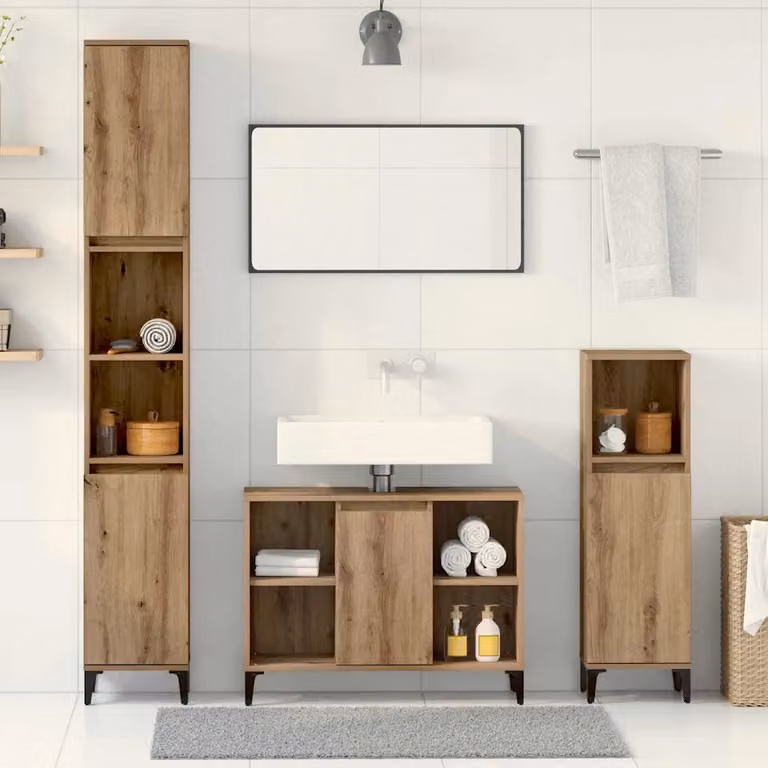 Set di mobili da bagno moderno vidaXL in legno e metallo marrone, 3 pezzi
