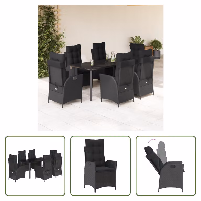 The Living Store Set da pranzo da giardino 7 pezzi con cuscini in polirattan nero