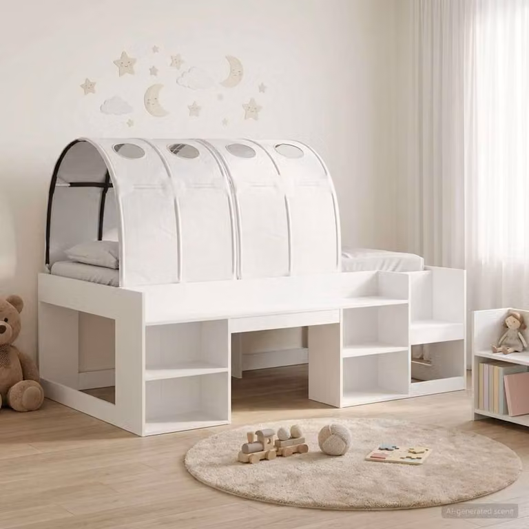 Letto singolo per bambini vidaXL con struttura a casetta e tunnel, colore bianco, in legno ingegnerizzato, L/P/H: 190 x 90 x 103,5 cm
