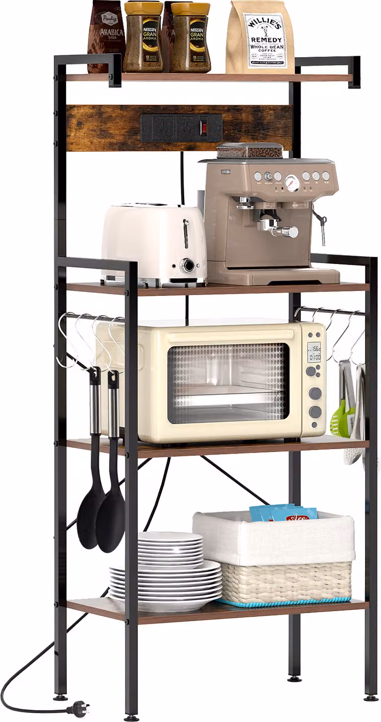 COSTWAY Portapane da cucina con prese, supporto per microonde a 4 livelli con 8 ganci a S, stazione bar Rustico marrone