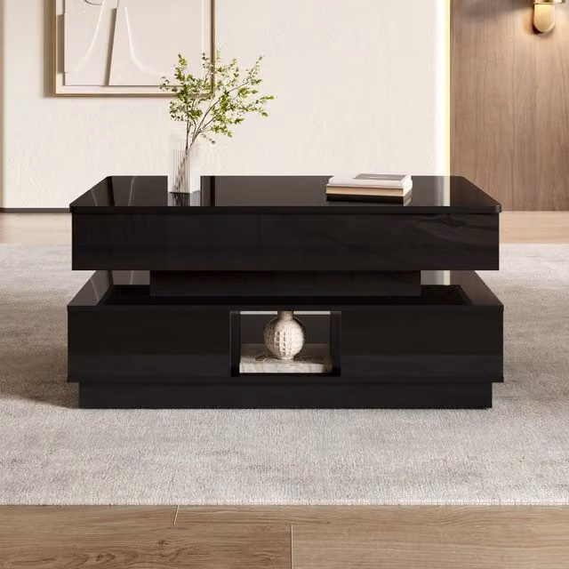 Tavolino da caffè alzabile con 1 cassetto, vani aperti, presa integrata e LED, in MDF nero, 90 × 48 × 42.5 cm