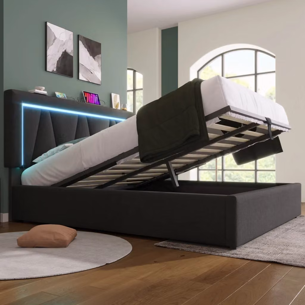 Letto contenitore matrimoniale con materasso ibrido incluso, testiera regolabile, porte USB, illuminazione LED e contenitore a sollevamento, colore grigio, L/P/H: 140 x 200 x 146.5 cm – 2
