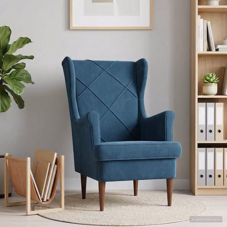 Poltrona moderna vidaXL in velluto blu con braccioli e struttura in legno e metallo