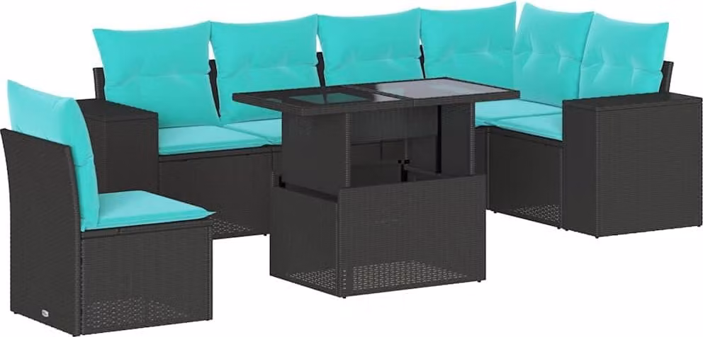 set di divani da giardino 7 pezzi con cuscini, polyrattan nero