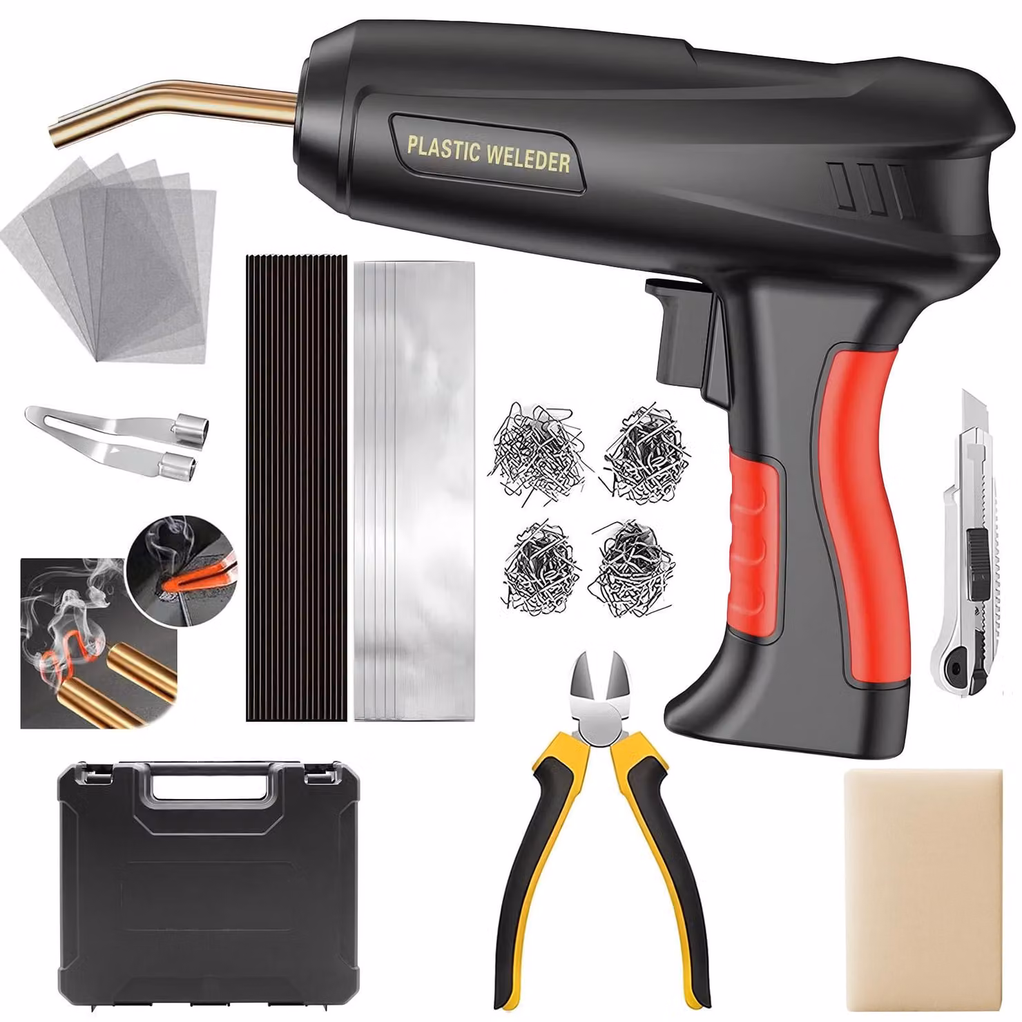 HDeye, saldatrice in plastica 200W 2-in-1 – Kit di riparazione paraurti auto con 1000 graffette e 56 elettrodi di saldatura, 220V