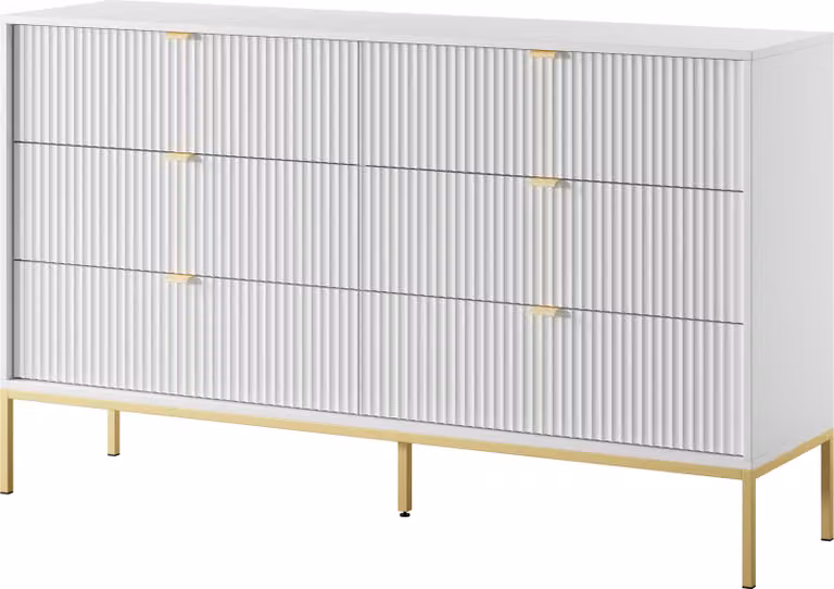 Cassettiera: 6 cassetti, bianca, gambe dorate, 154 x 39 x 83 cm