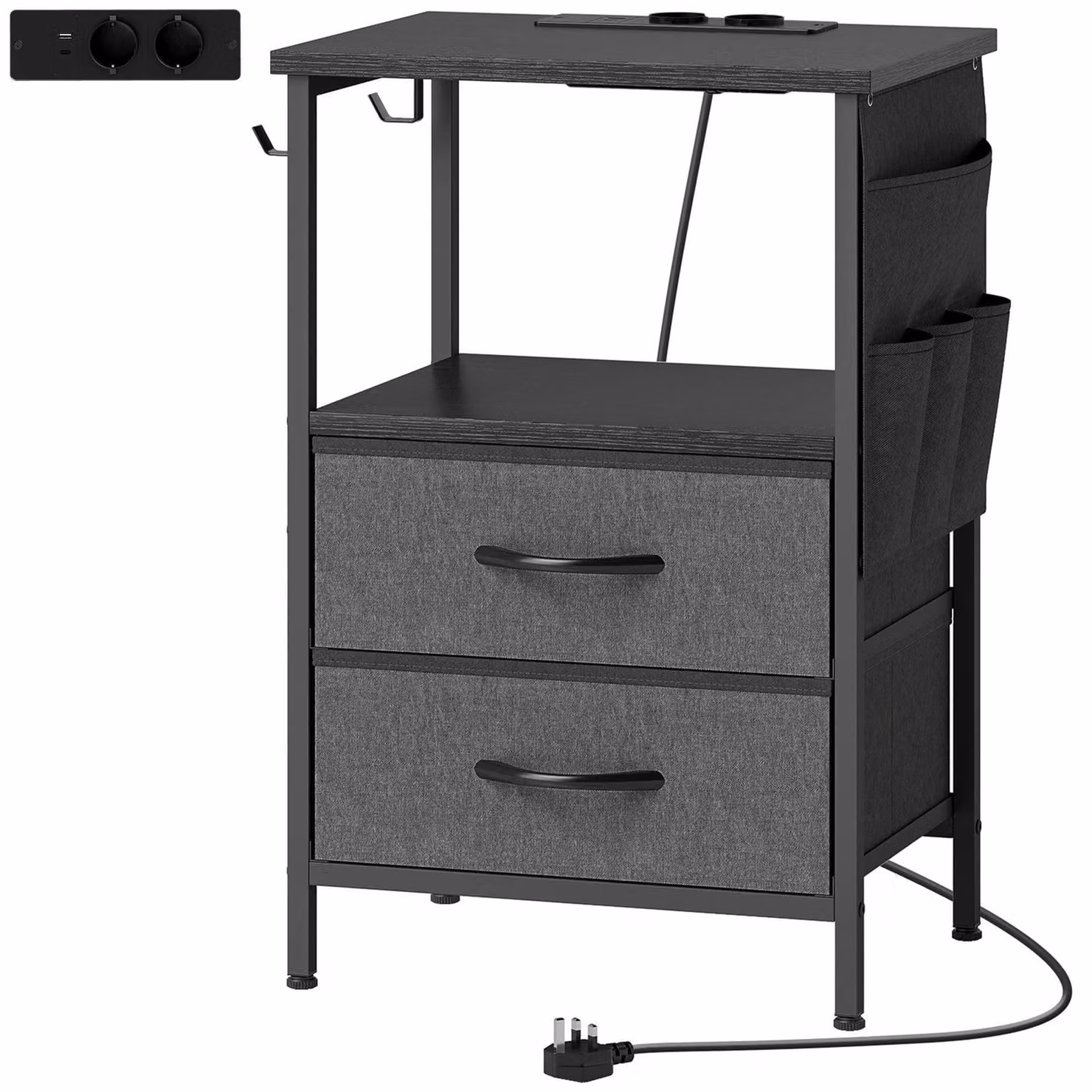 Tavolino laterale con base di ricarica e spazio contenitivo | Colore: Nero | Dimensioni: 40x30x60 cm