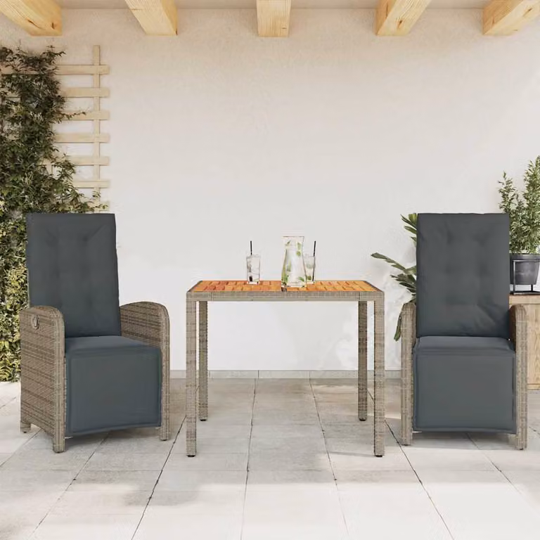 Set da Bistrò vidaXL 3 pz in Polyrattan Grigio con Cuscini e Tavolo in Legno di Acacia