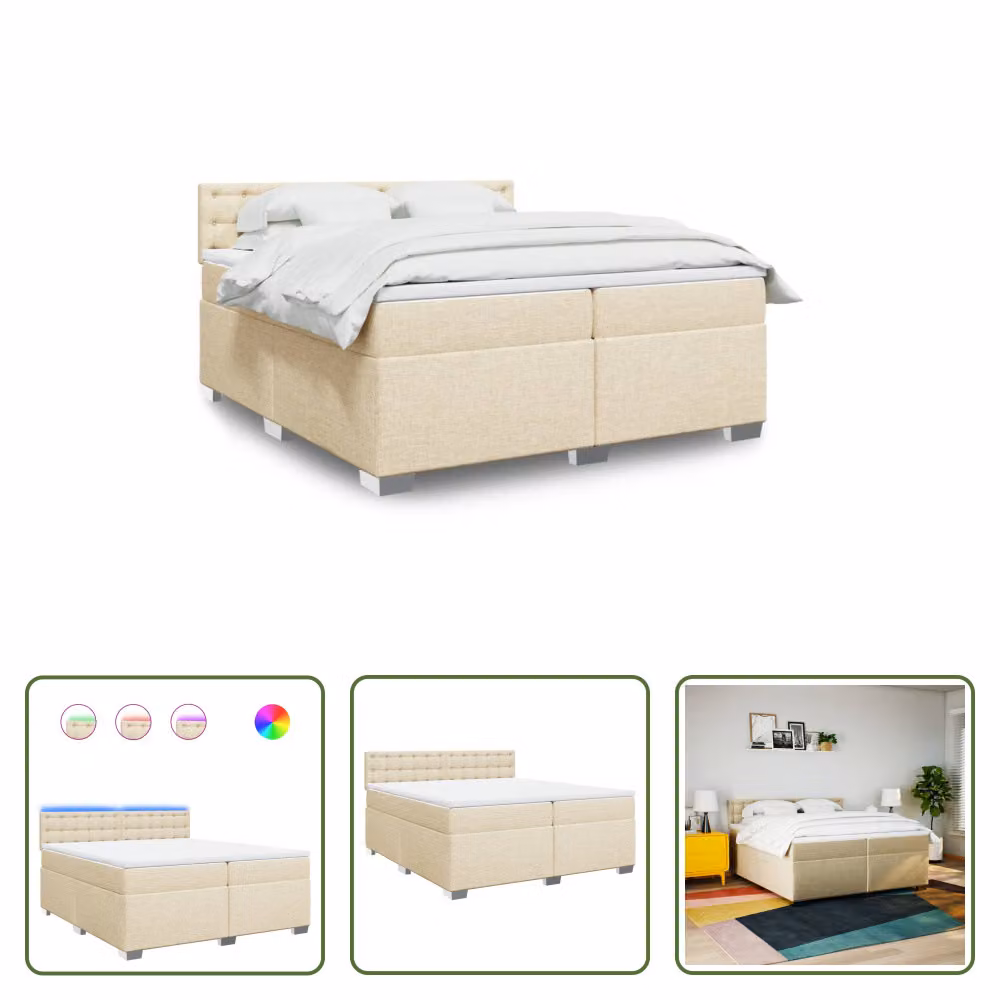 The Living Store Letto a molle con materasso crema 200x200 cm in tessuto