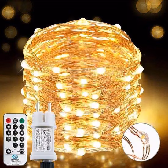 Filo luminoso in rame con 220 LED, lunghezza 25 m, 8 modalità, impermeabile, per uso interno ed esterno, con telecomando con timer, luce bianco caldo.