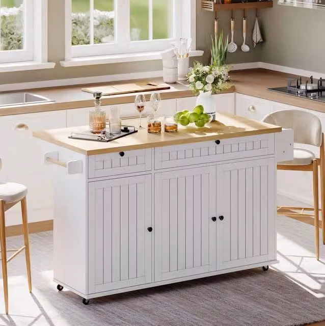 Isola da cucina con piano ribaltabile; cassetti e vani contenitore; MDF; naturale e bianca; 137 x 70 x 89;5 cm