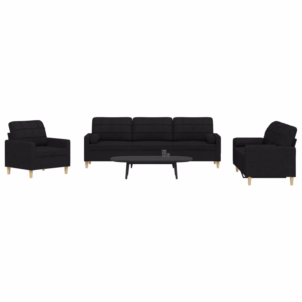 Set di divani 3 pezzi vidaXL in tessuto nero con cuscini decorativi e struttura in metallo per soggiorno – 1