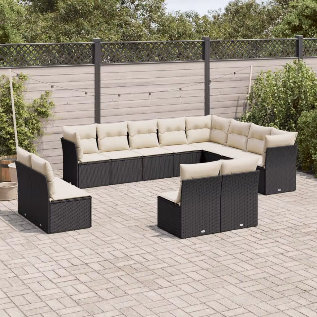 Set di Divani da Giardino vidaXL a Forma di U con Cuscini, Nero e Bianco, 12 Pezzi in Polyrattan e Metallo – 1