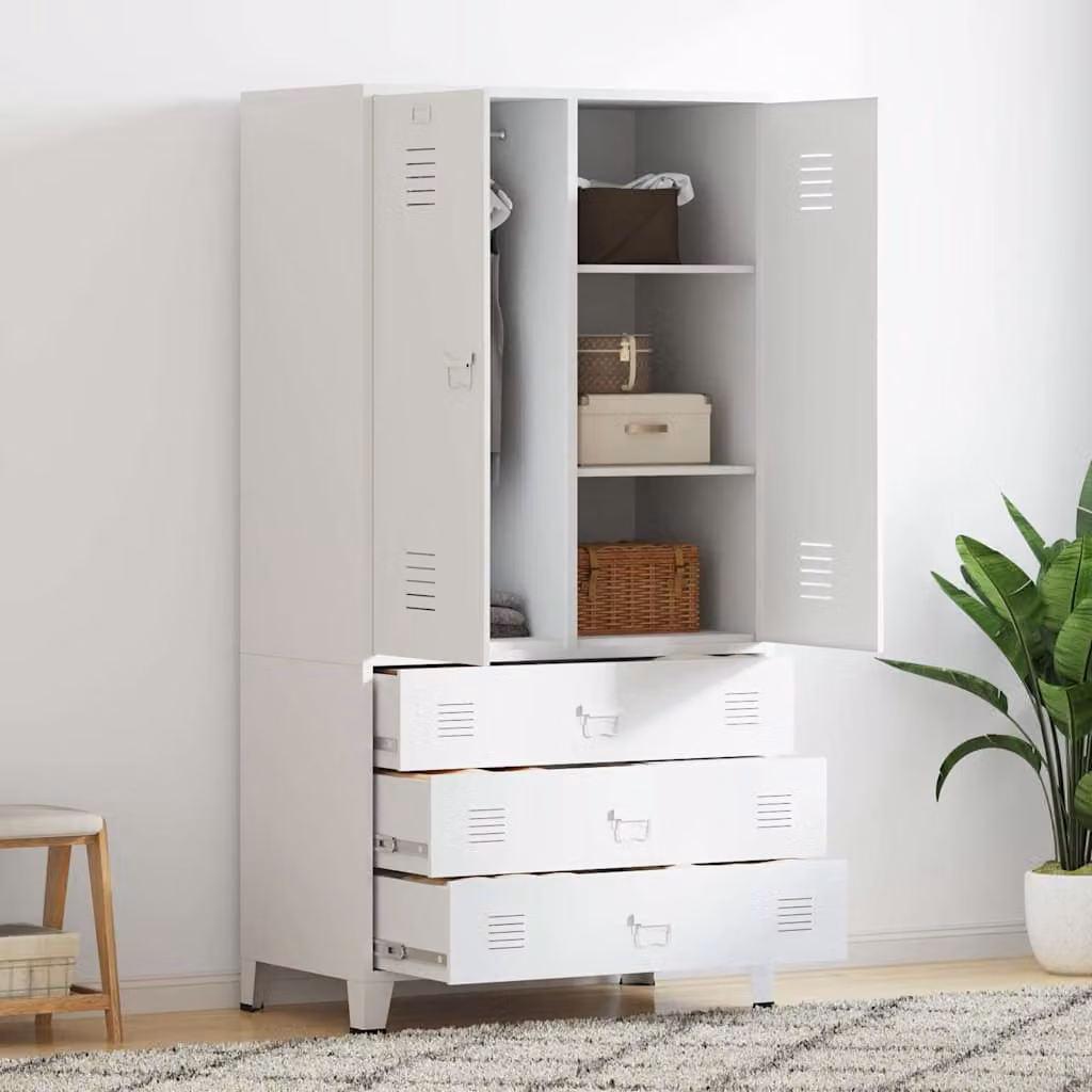 Armadio in metallo bianco stile industriale vidaXL con ante a battente e cassetti L/P/H: 90 x 50 x 180 cm – 1