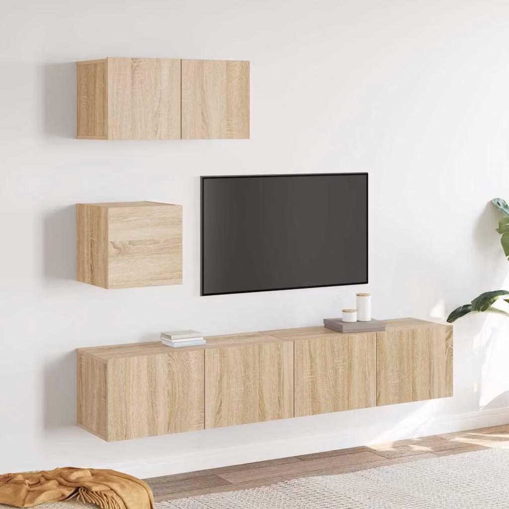 Set di 4 mobili porta TV moderni vidaXL in legno MDF color rovere, sospesi a parete per soggiorno, L/P/H: 80 x 30 x 30 cm