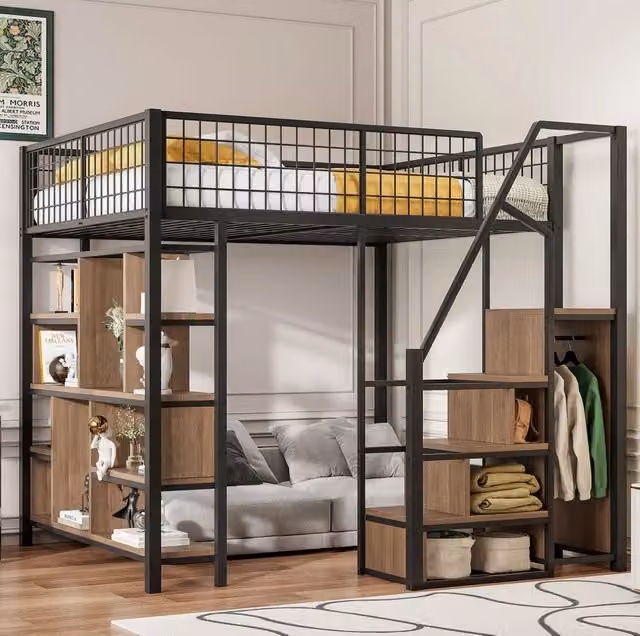 Letto a soppalco 140x200 cm nero metallo e legno con scala contenitore