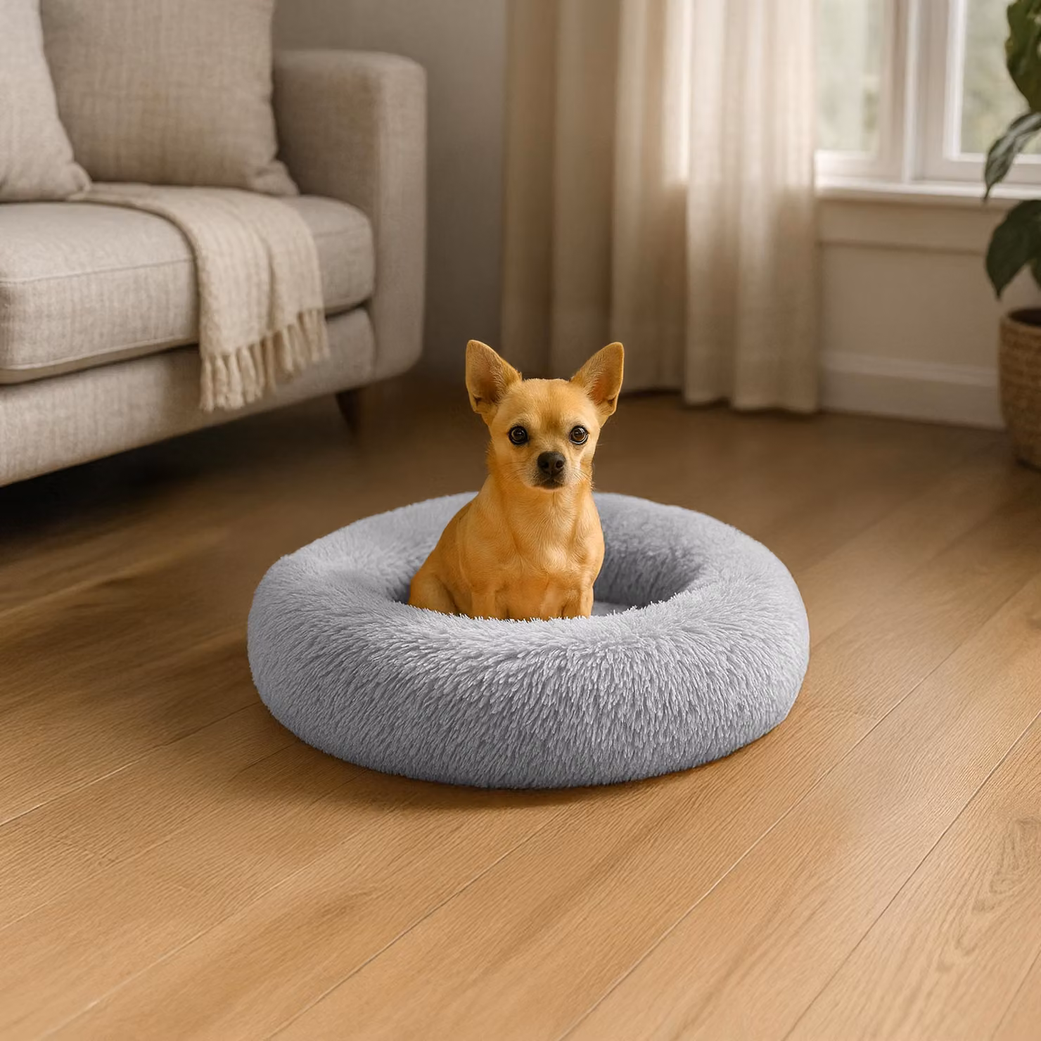 belviona donut dog bed, letto in peluche con soffice imbottitura, presa sicura e bordo ergonomico, diametro 40 cm, grigio chiaro