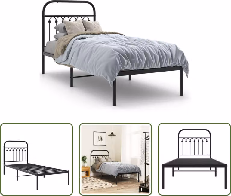 The Living Store Struttura letto con testiera in metallo nero 75x190 cm