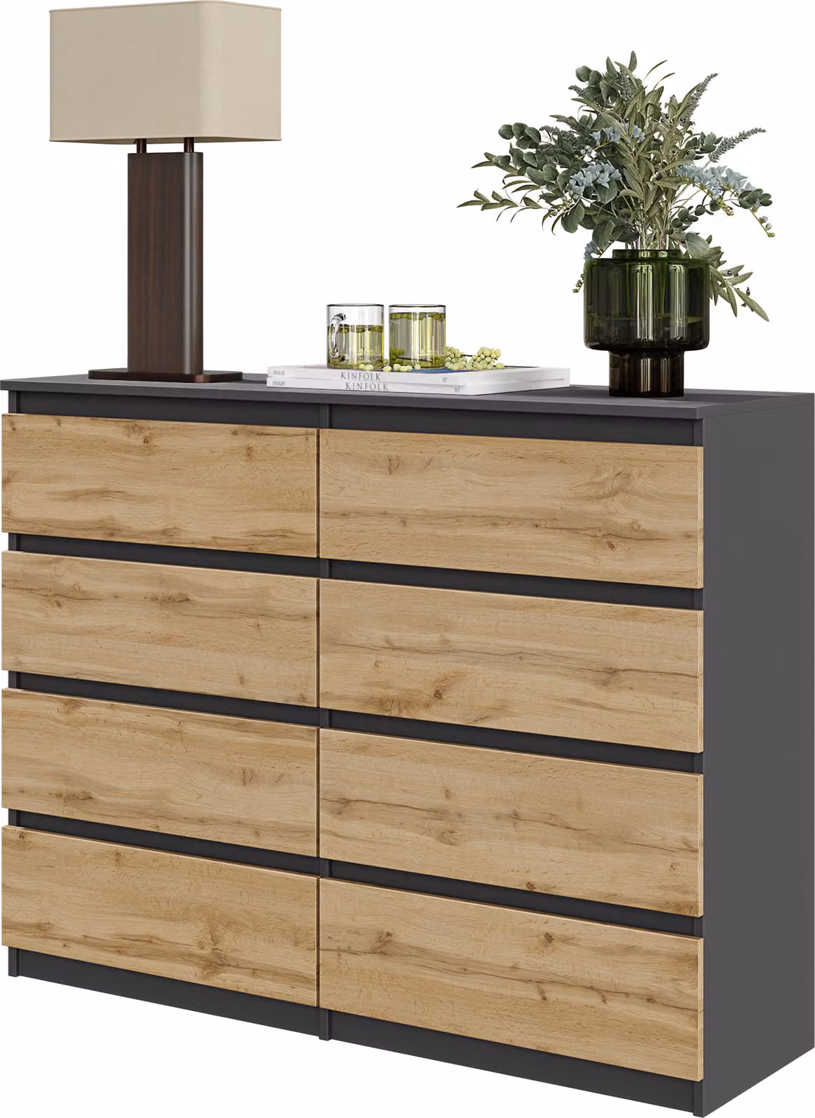 FURNICA - GABRIEL - Cassettiera / credenza con 8 cassetti - Grigio antracite / Rovere Wotan H92cm L120cm P33cm